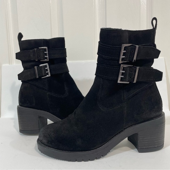 Vintage Foundry Charmine Black Suede Buckle Moto Goth Leather Ankle Boots Size 7 - Picture 1 of 12